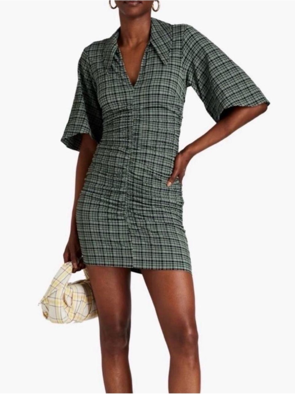 Ganni Stretch Seersucker Gathered V-neck Green Plaid Ruched Mini Dress